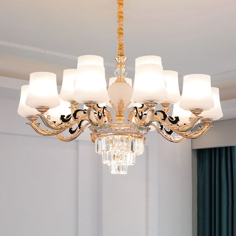 Retro Tapered Shade Chandelier Light White Glass Pendant Light Fixture for Living Room