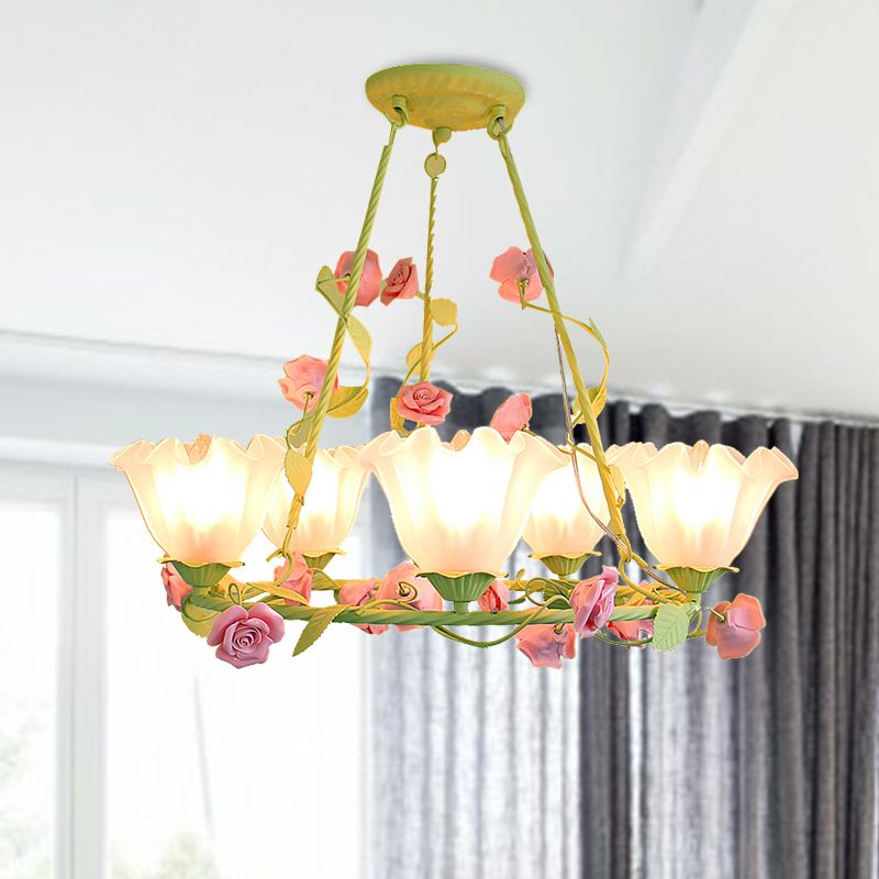 Opal Glass Scalloped Chandelier Lighting Korean Garden 5 Lights Bedroom Ceiling Lamp in Pink/Yellow