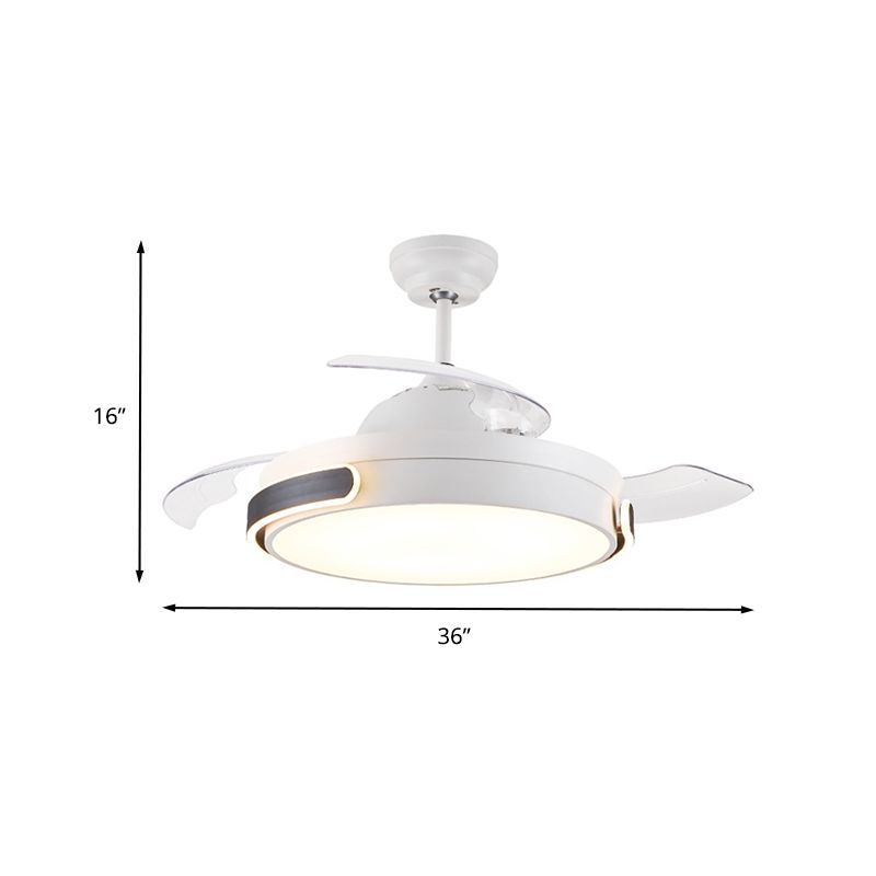 Tambour en acrylique 3 lames pendante ventilateur lumière moderne salon moderne LED semi-flush lampe monte en blanc avec télécommande, 36 "/ 42" de large