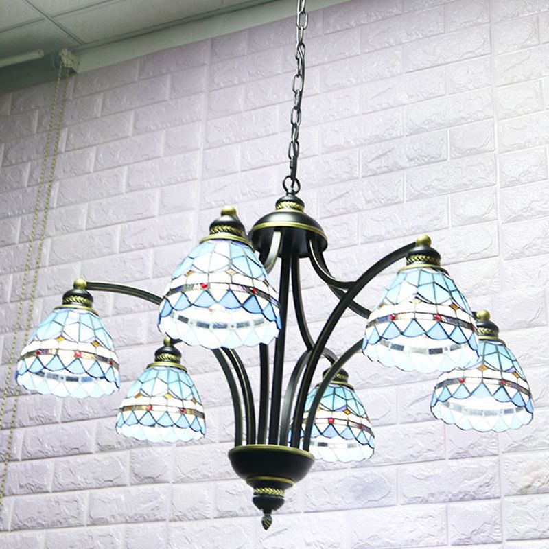 Blue Stained Glass Tiffany Chandelier 6-light 23.5" Wide Living Room Hanging Light with Adjustable Chain