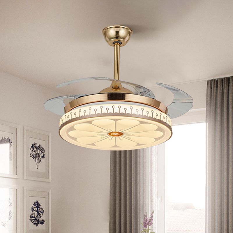 Circle Dining Room Semi Flush Contemporary Acrylic LED 42" W Gold 4 Blades Pendant Fan Light, Remote/Wall Control/Frequency Conversion and Remote Control