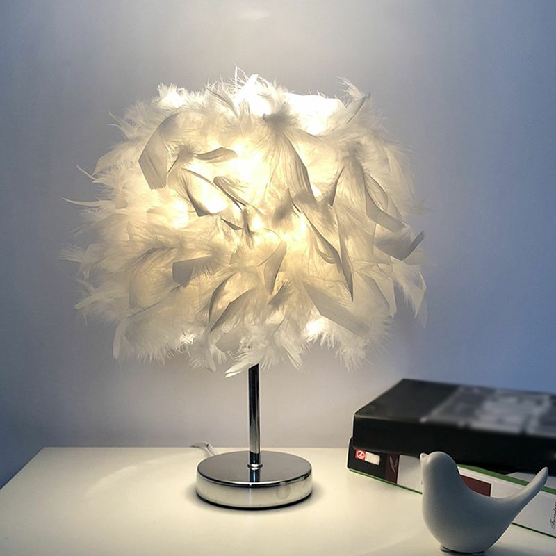 8.5"/10" Wide Ball Shaped Table Light Simple Feather Single Kids Room Night Stand Lamp in White/Chrome