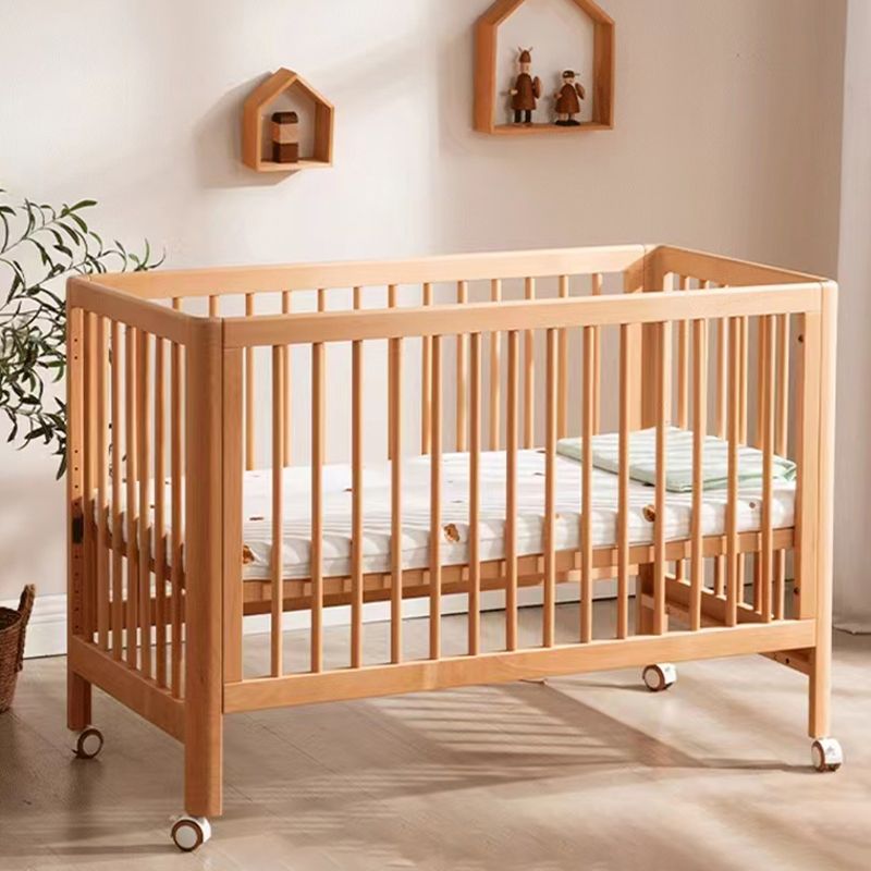 Farmhouse Style Portable Natural Wooden Baby Crib with Wheels