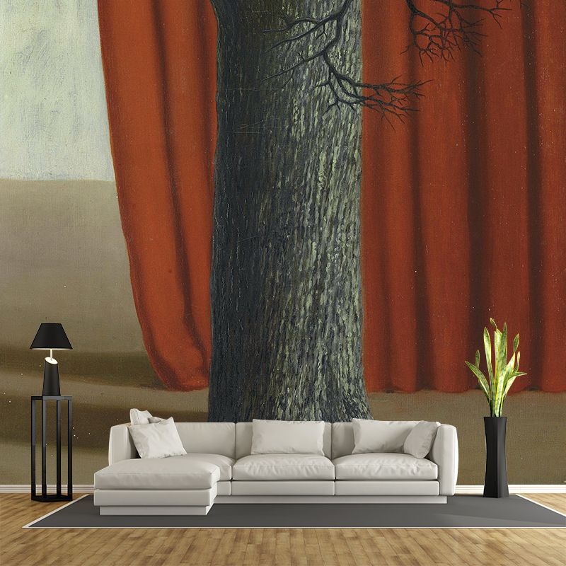Illustration Bare Tree Painting Mural Wallpaper for Bedroom, Red-Grey, Made to Measure