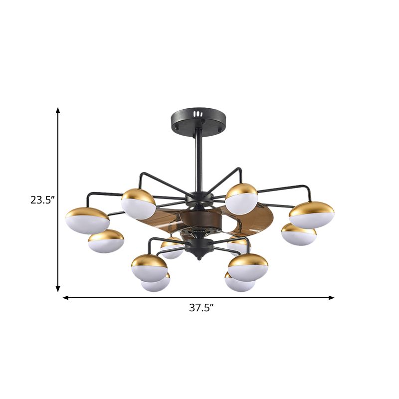 Zwarte ei-vorm hangende ventilatorlamp Modernist 12 Heads Acryl Semi Mount Lighting met 3 bruine messen, 37,5 "W