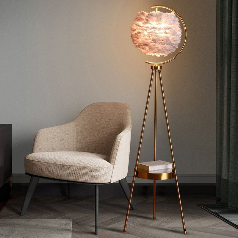 Feather Ball Floor Lighting Nordic 1 Head Stand Up Lamp with Brass Tripod and Tray