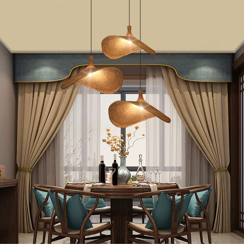 Hat Shaped Bamboo Ceiling Lighting Asian Style 1 Bulb Wood Hanging Light for Restaurant