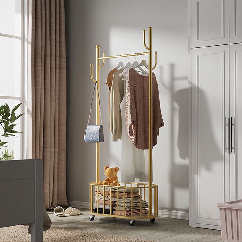 Coat Rack Contemporary Metal Hooks Champagne Hall Tree With Basket Storage