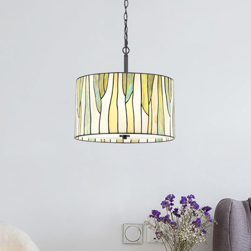 Lámpara de tambor de estilo Tiffany 1 lámpara de suspensión de vidrio artesanal artesanía de luz en amarillo para sala de estar