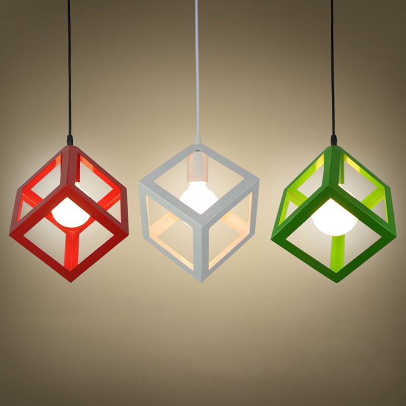 1 Light Square Cage Hanging Light Fixtures Creative Industrial Style Metallic Ceiling Light for Bar