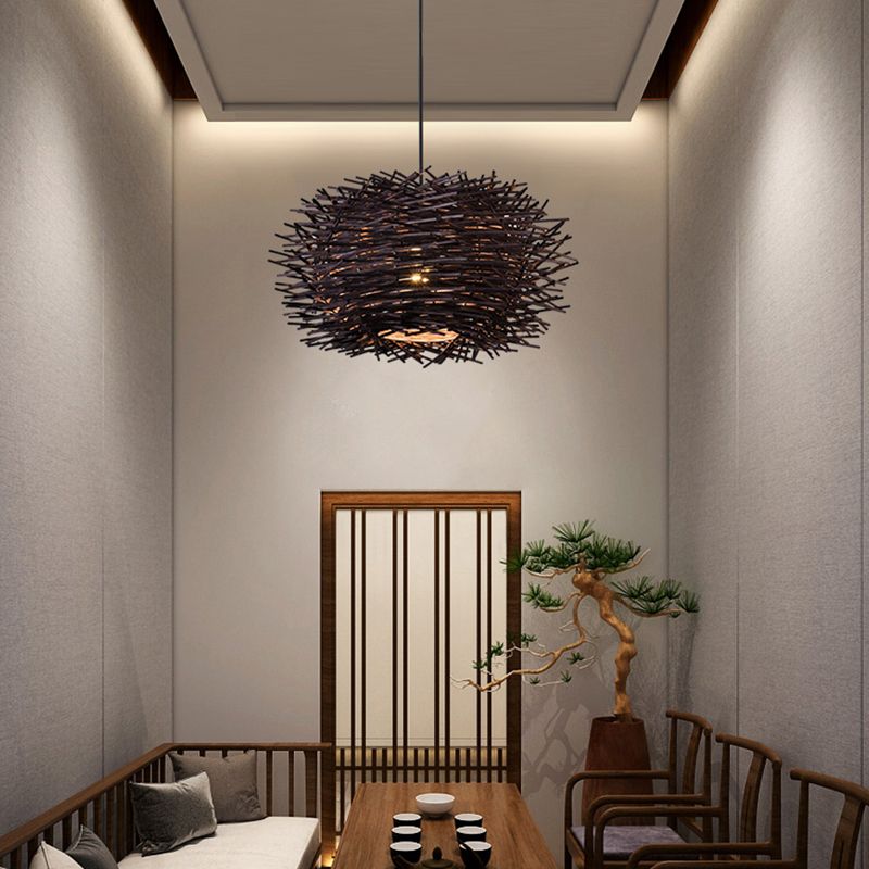 Bird's Nest Hanging Light Kit 1-Light Bamboo Asia Pendant Light for Dining Room