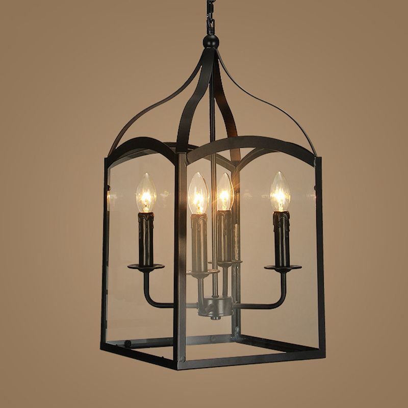 Black 4-Light Pendant Light in Industrial Classic Style Wrought Iron Hanging Lamp with Glass Shade