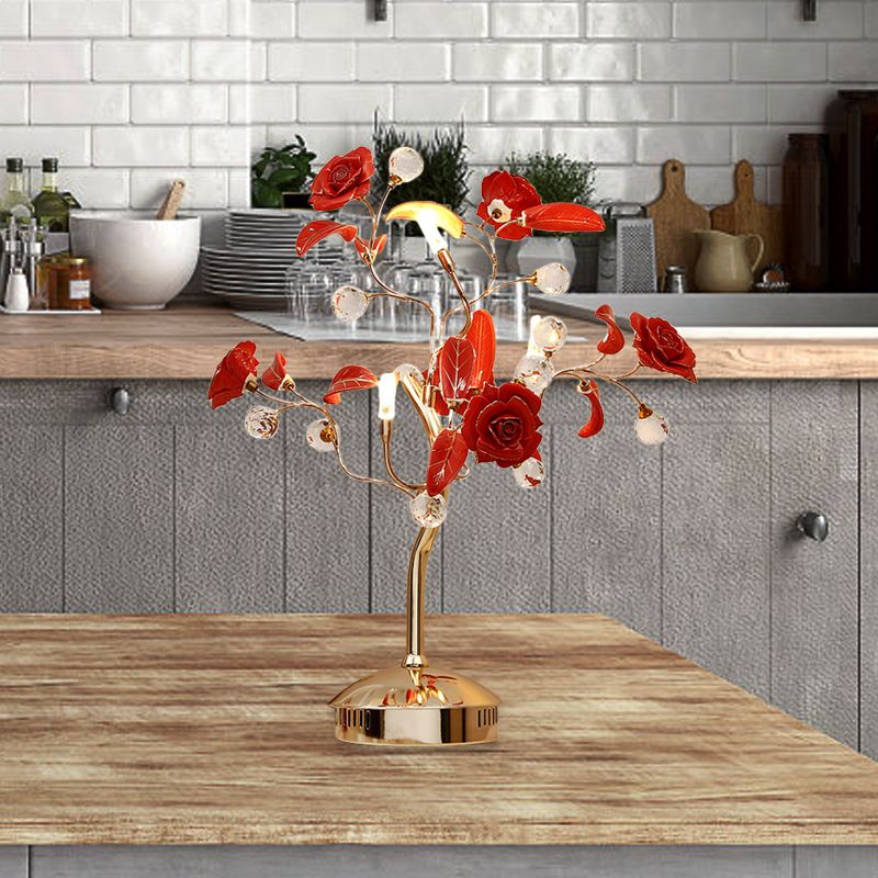 3-Bulb Flower Tree Night Lamp Korean Garden White/Red/Green Ceramic Table Light with Gold Stem