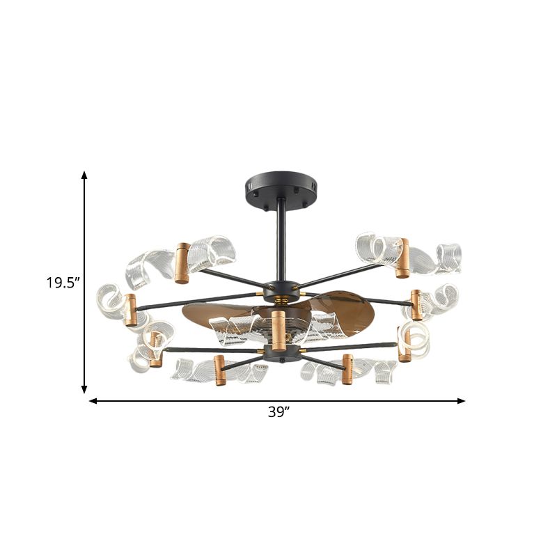 Acrylic Swirling Semi Flush Light Modernist 10 Lights 39" W Hanging Fan Lamp with 3 Brown Blades in Black