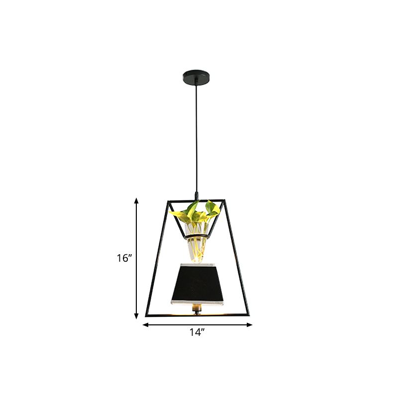 Fabric Tapered/Cylinder Pendant Light Rustic 1 Bulb Cafe Ceiling Light with Plant Pot and Oval/Trapezoid Frame in Black