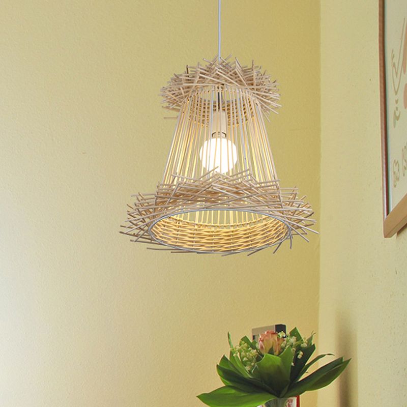 Rattan Cone Shade Ceiling Pendant Lamp Japanese One Light Wood Hanging Light for Dining Room