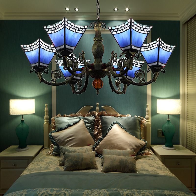 Chandeliers for Dining Rooms with Chain, 6 Lights Geometric Hanging Fixture with Art Glass Shade Tiffany Style