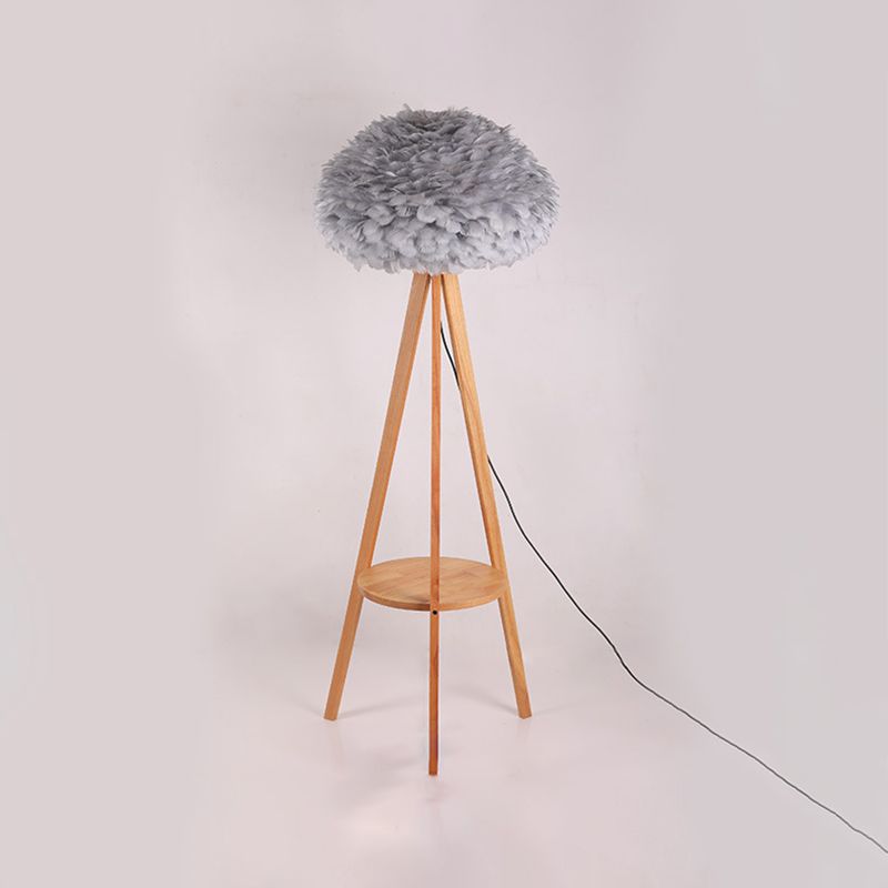 Wood Shelf Floor Lamp Nordic 1 Bulb Tripod Standing Floor Light with Dome Feather Shade in Grey/White