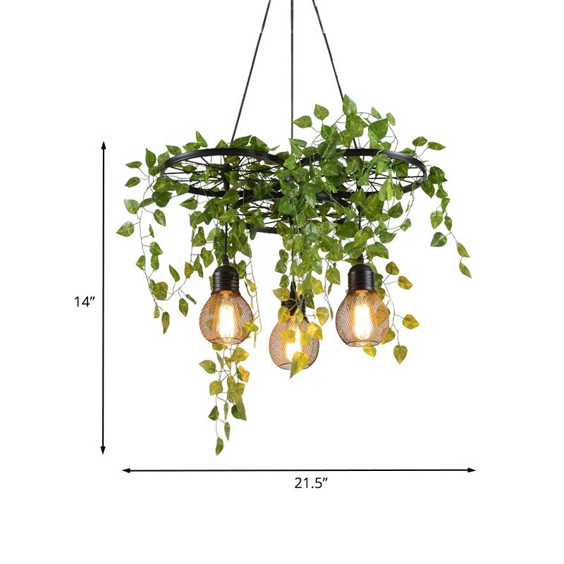 21,5 "/35,5" W 3 teste a cluster metallico Warehouse Black Wheel and Orb Cage Dining Room Hanging Lamp with Green Vine