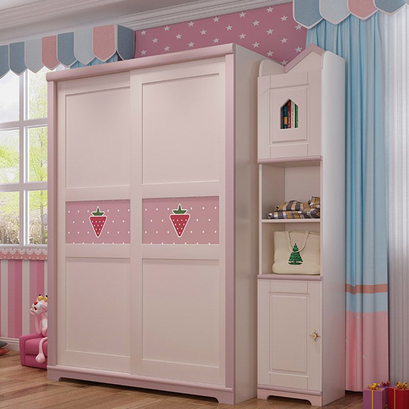 Contemporary Wooden Youth Armoire Pink Bedroom Kids Closet with Sliding Door