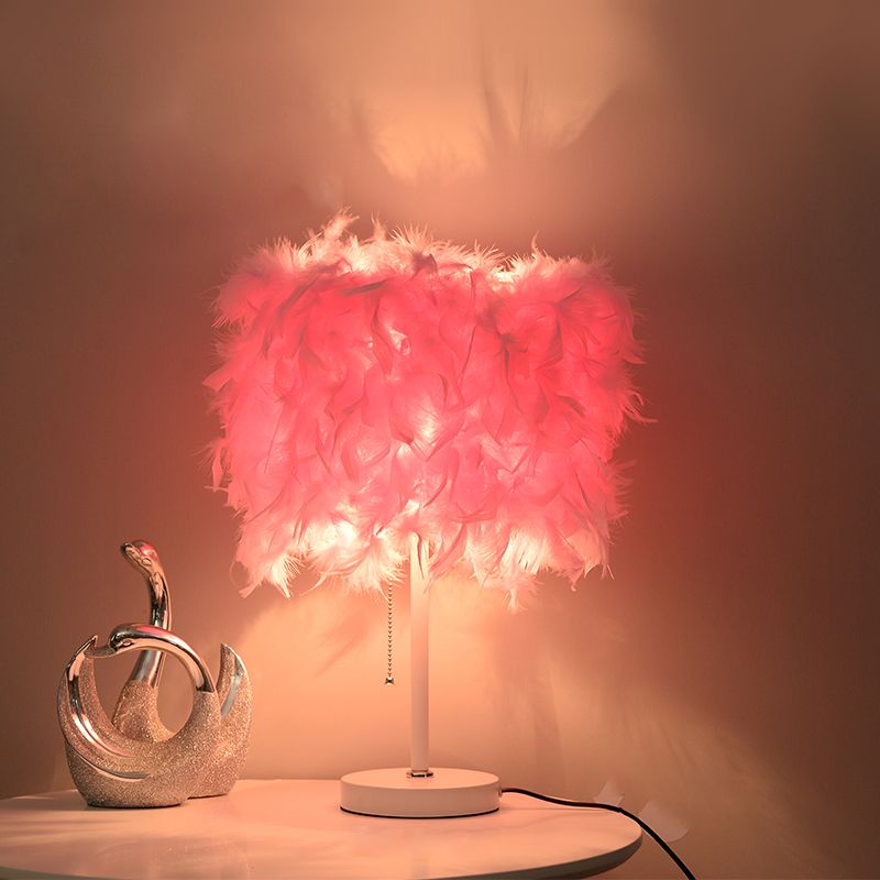 White/Red/Pink Cylindrical Table Lamp Romantic Modern 1 Bulb Feather Pull-Chain Nightstand Light