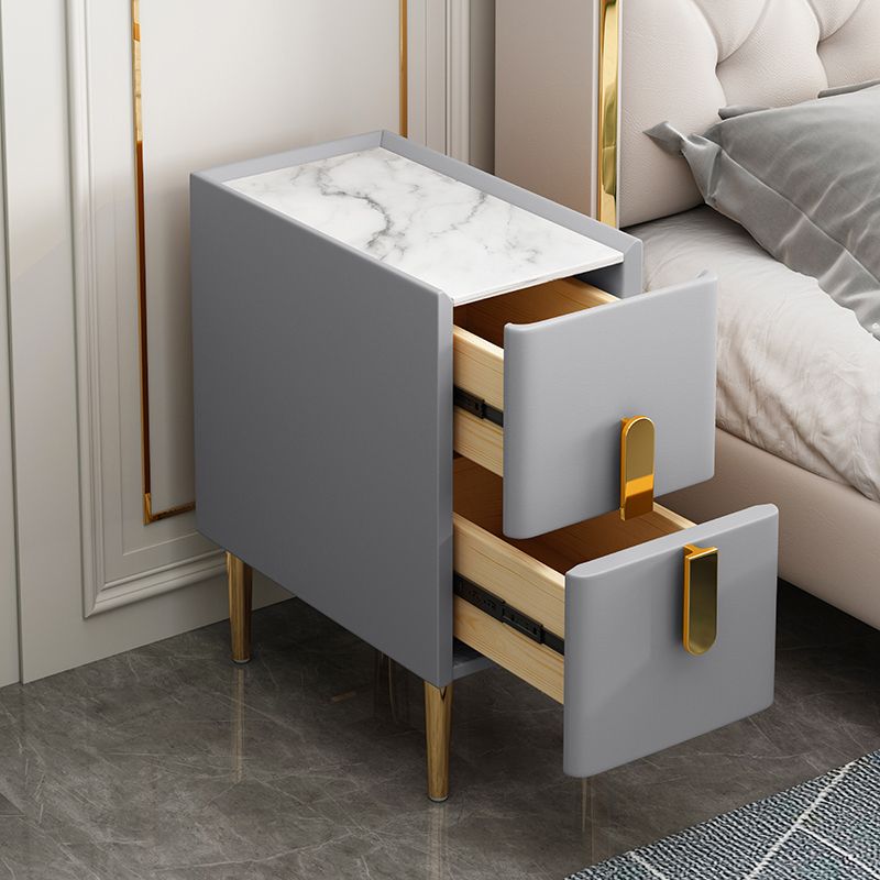 Stone Top Nightstand with 4 Legs Glam Leather Night Table with Drawers