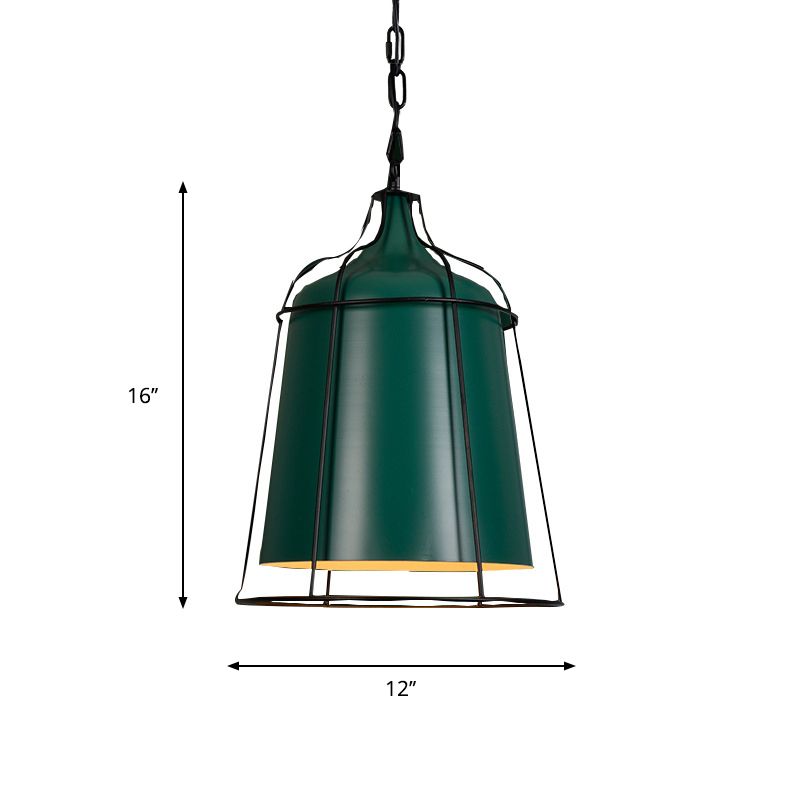 Dark Green 1 Bulb Hanging Pendant Industrial-Style Aluminum Tapered Suspension Lighting with Wire Cage