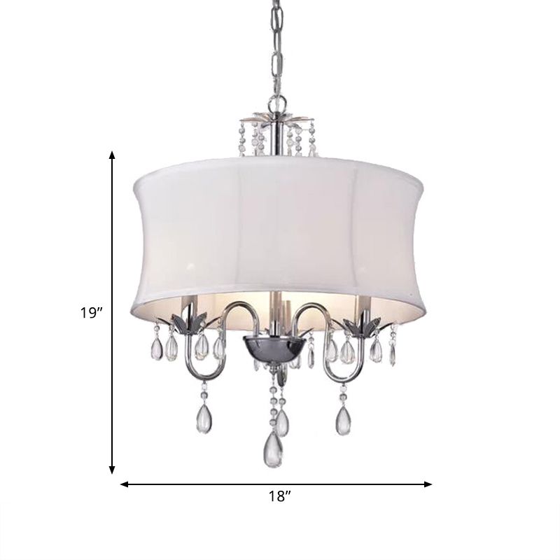 White Round Chandelier Light Contemporary Fabric 3 Heads Living Room Pendant Lamp with Crystal Drop