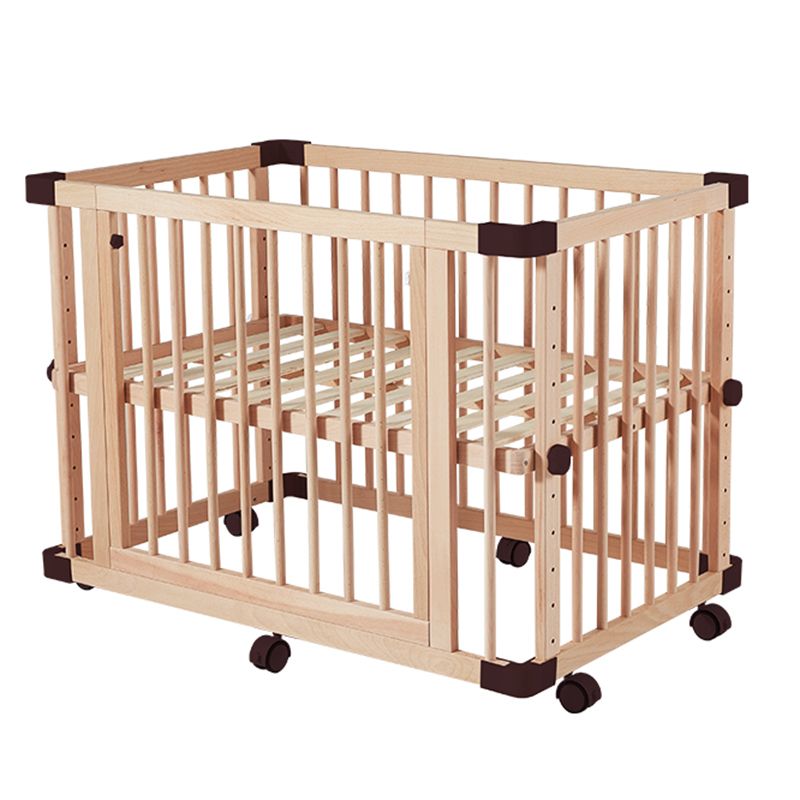 Rectangle Solid Wood Crib Farmhouse Adjustable Height Crib with Casters