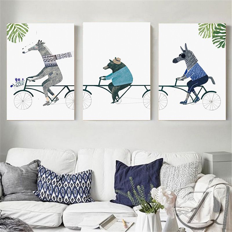 Animals Riding Bicycle Canvas Textured Cartoon Childrens Room Wall Art, Multi-Piece