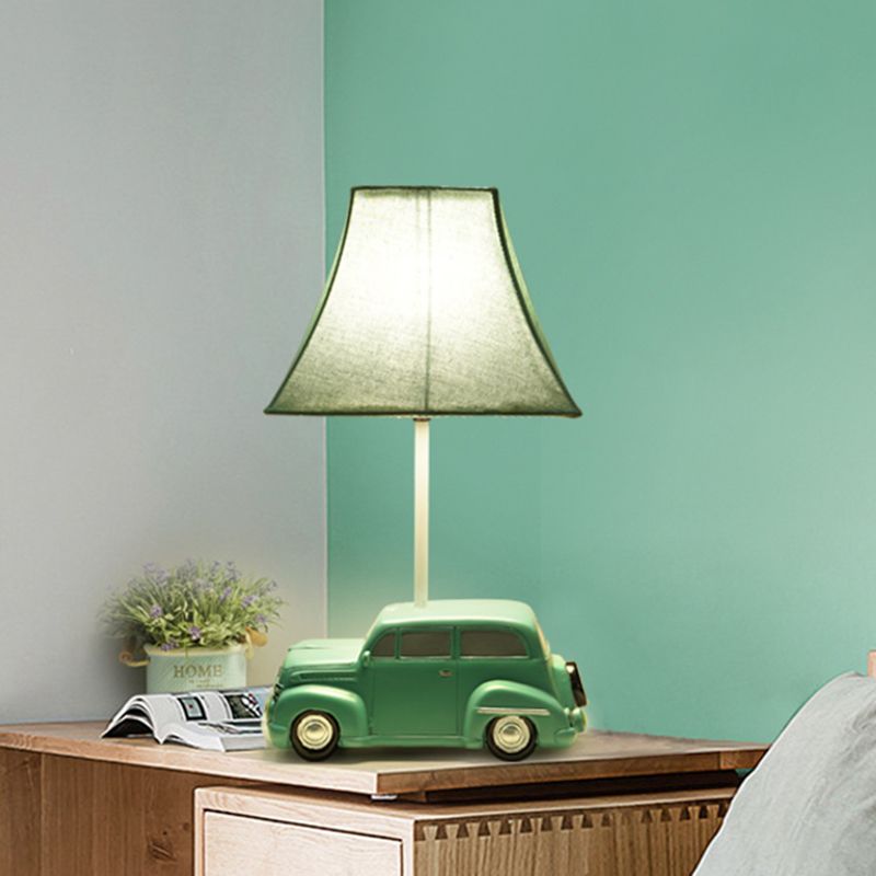 1-Head Nursery Nightstand Light Cartoon Blue Desk Lamp with Bell Fabric Shade and Car Resin Base