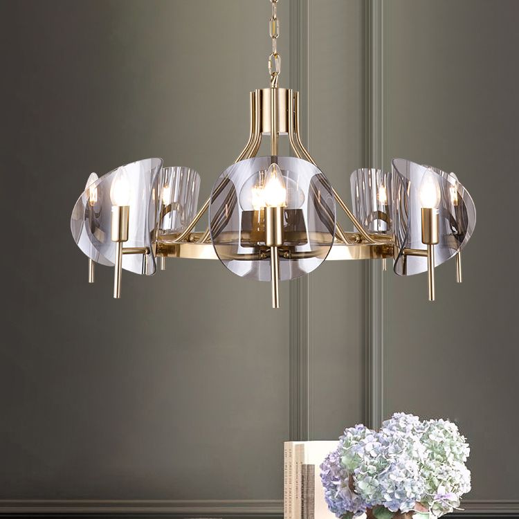 Modern Wagon Wheel Candle Chandelier Light Fixture Clear Glass Shaded Ceiling Chandelier in Gold for Bedroom