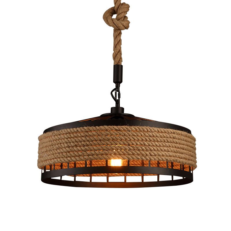 Hemp Rope Yurt Hanging Light Rustic 1 Bulb Restaurant Pendant Light Fixture in Black