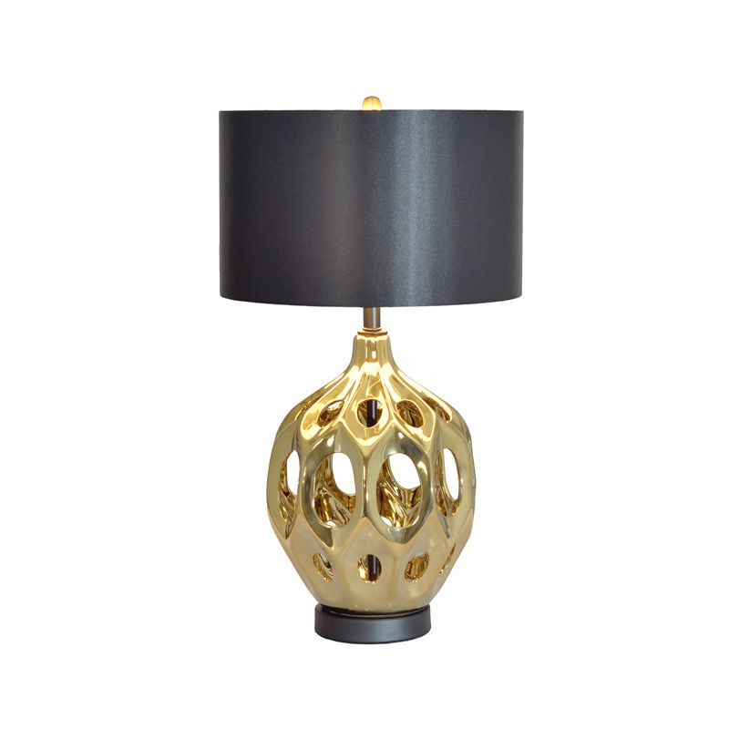 Ceramic Hollowed Out Jar Nightstand Lamp Retro 1-Bulb Bedroom Table Lighting in Gold/Rose Gold with Black Drum Shade