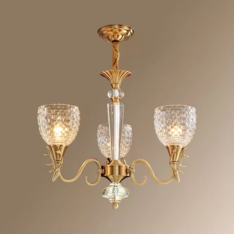 Bell Dining Room Up Chandelier Modern Gridded K9 Crystal 3 Lights Brass Hanging Pendant