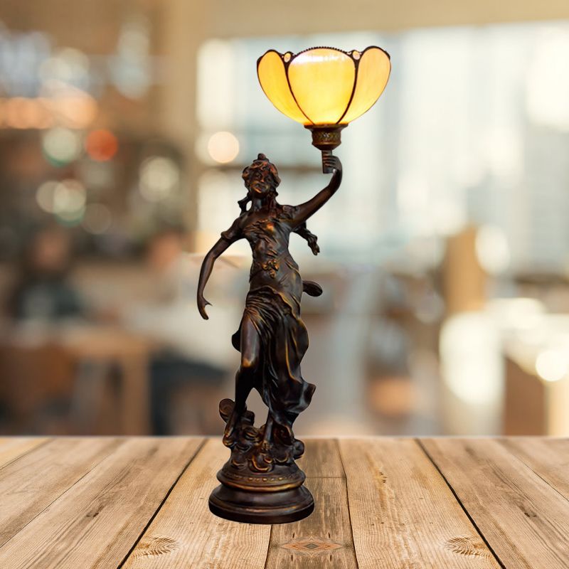 Single Scalloped/Cone Shade Table Light Tiffany Yellow/White-Brown Glass Nightstand Lamp with Greek Woman Statue