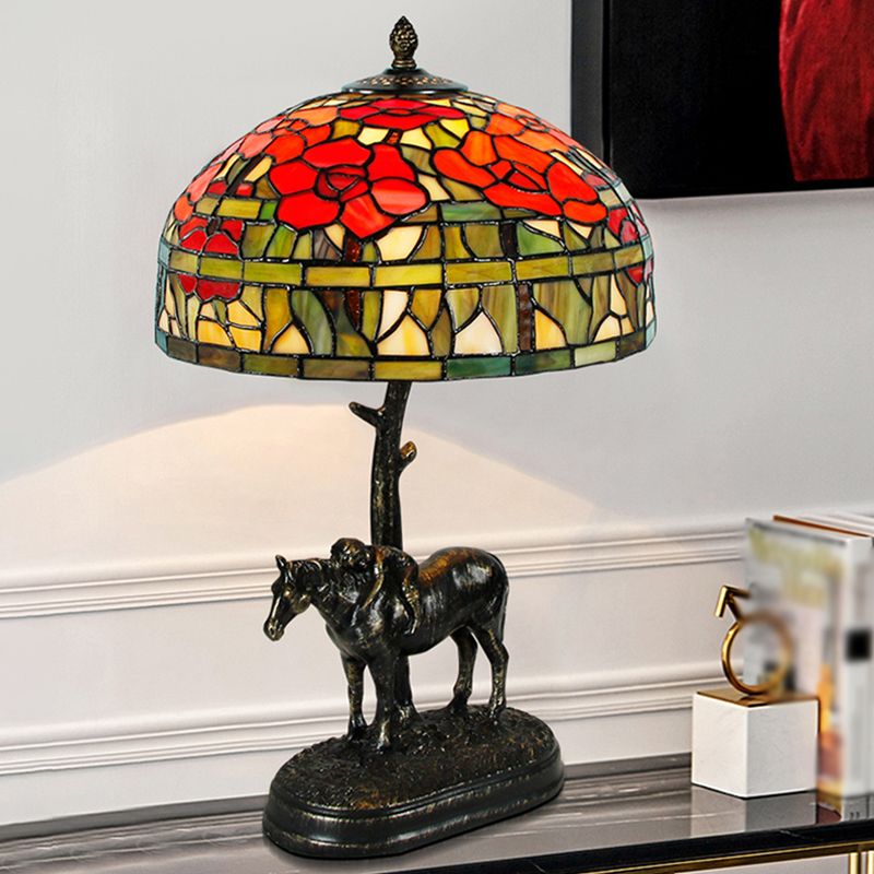 1 Head Table Light Antique Horse Resin Nightstand Lamp with Domed Cut Glass Shade in Bronze