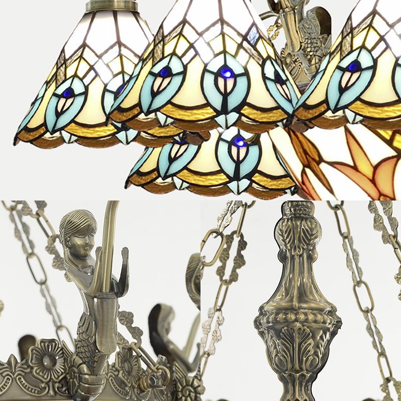 Cone Stained Glass Chandelier Lighting Tiffany 3 Lights White Ceiling Lamp with Mermaid Deco