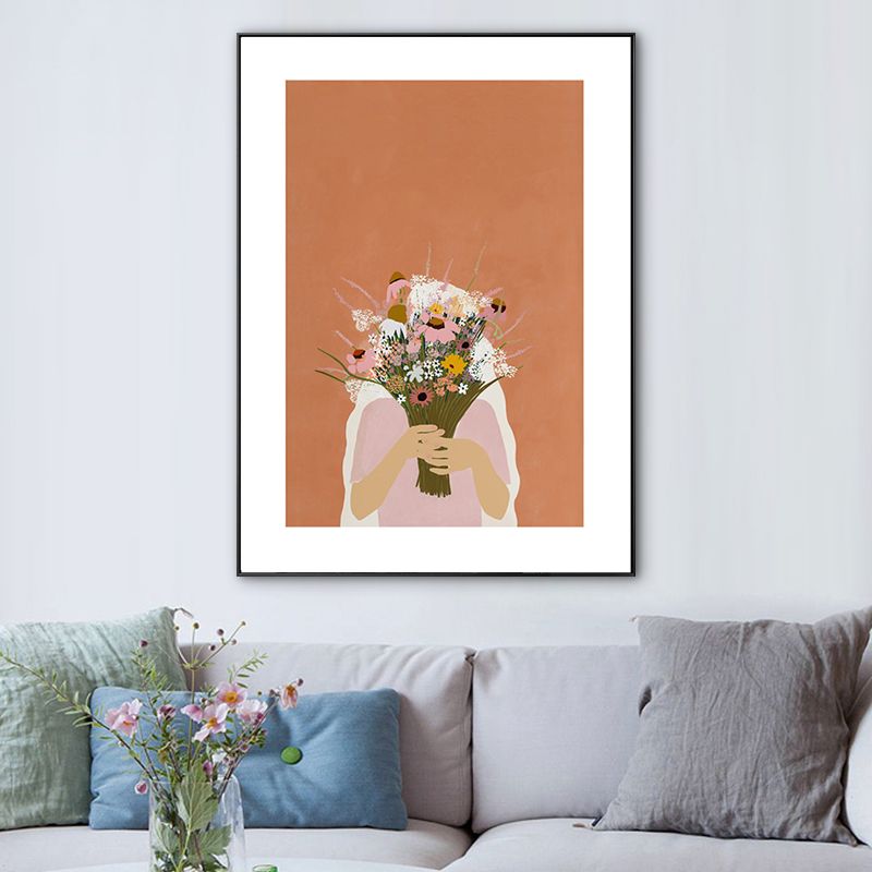 Girl Holding Bouquet Drawing Canvas Textured Nordic Bedroom Wall Art Print in Orange