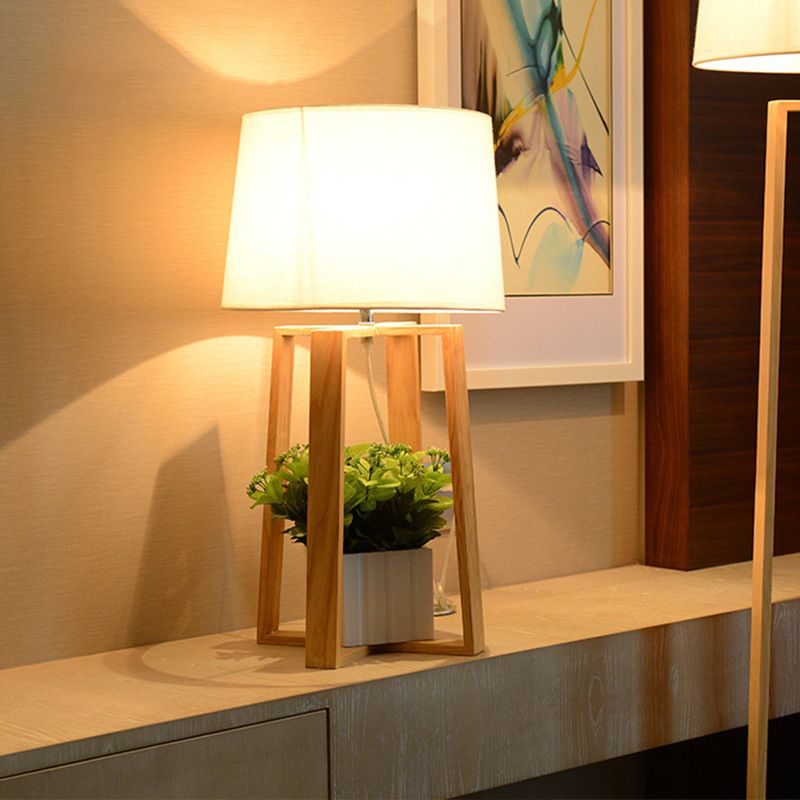 Beige Trapezoid Nightstand Light Modern 1 Light Wood Table Lamp with Tapered Fabric Shade