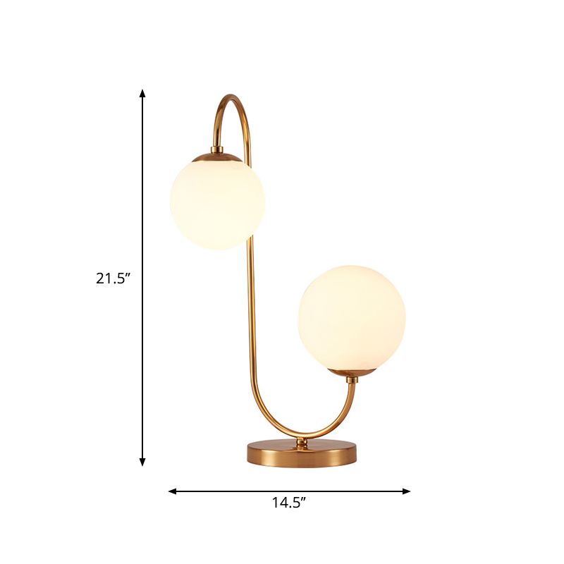 S/C Shaped/Bend Bedside Table Light Metal 1/2-Head Designer Night Lamp in Gold with Ball Cream Glass Shade