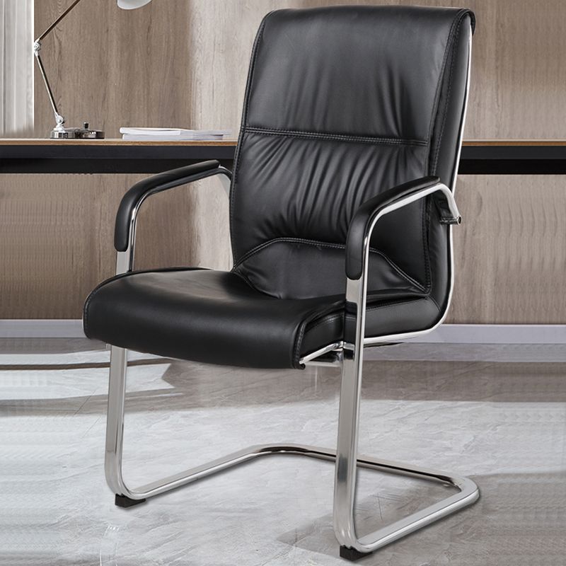 Modern Style Office Chair Black Leather No Wheels Fixed Arm Chair