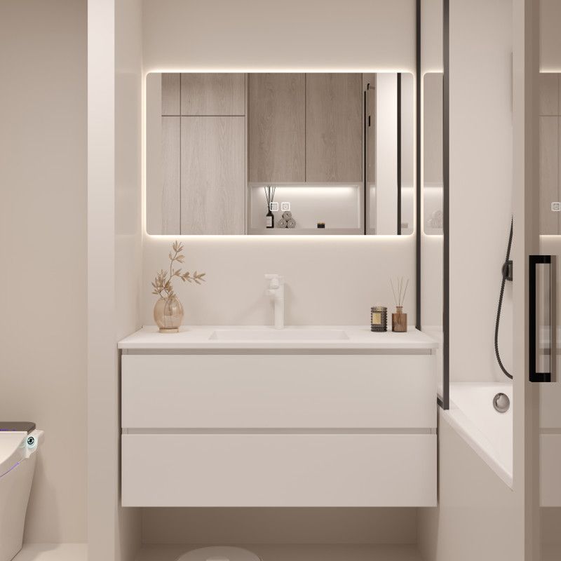 White Bathroom Vanity Wood Rectangle Single Sink Wall Mount 2 Drawers Vanity Set