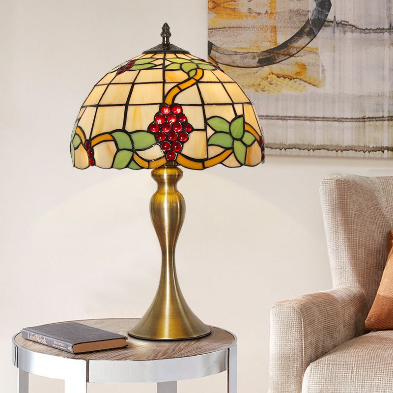 Gold Dome Shape Night Table Lamp Victorian 1 Light Stained Art Glass Grape Patterned Desk Lighting