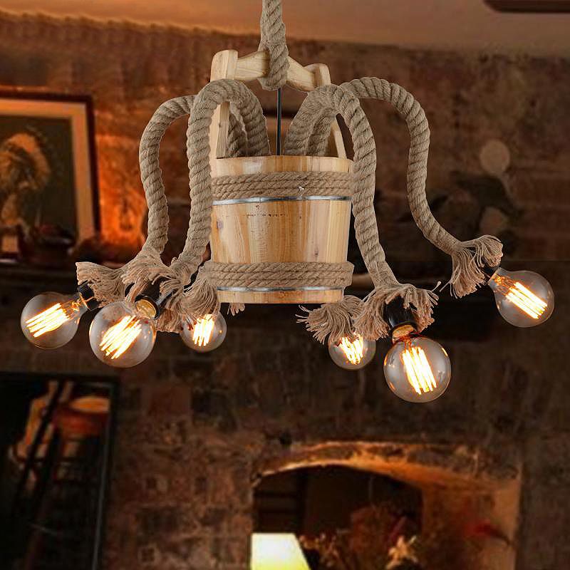 Curved Arm Dining Room Chandelier Lamp Farmhouse Rope 6 Lights Wood Ceiling Light Fixture