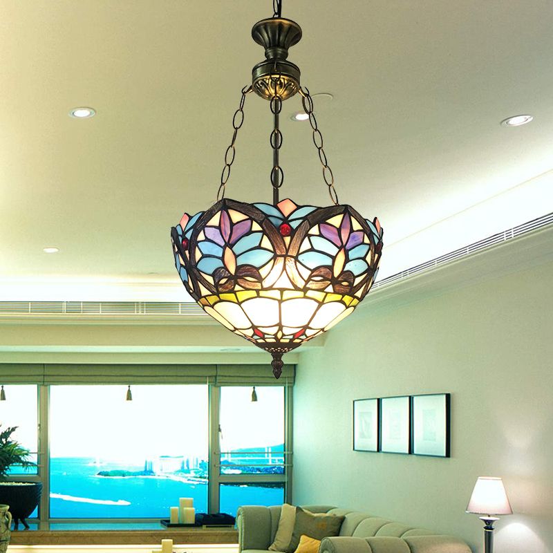 Small LED Pendant Lights, Adjustable 2 Lights Bowl Ceiling Fixture in Antique Brass with Metal Chain and Stained Glass Shade Baroque Style