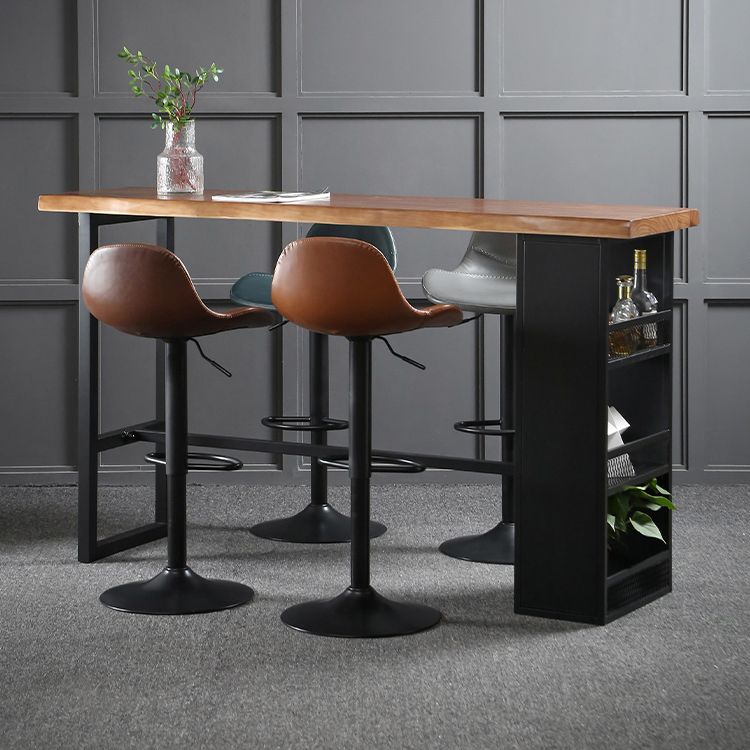 Modern Black Iron Bar Dining Table Rectangle Wood Indoor Bistro Table with Footrest