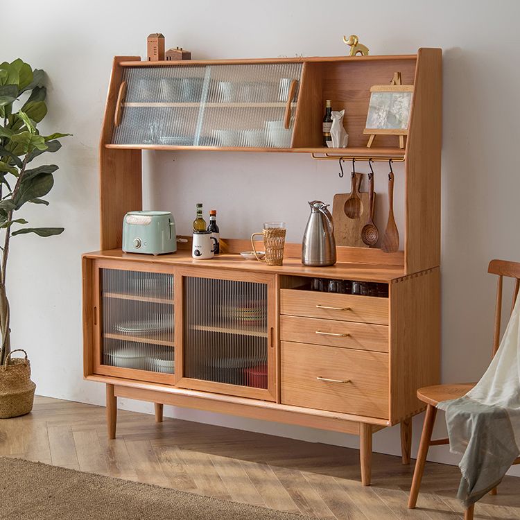 3 Drawers Modern Sideboard Cabinets Pine Solid Wood Sliding Doors Buffet Table