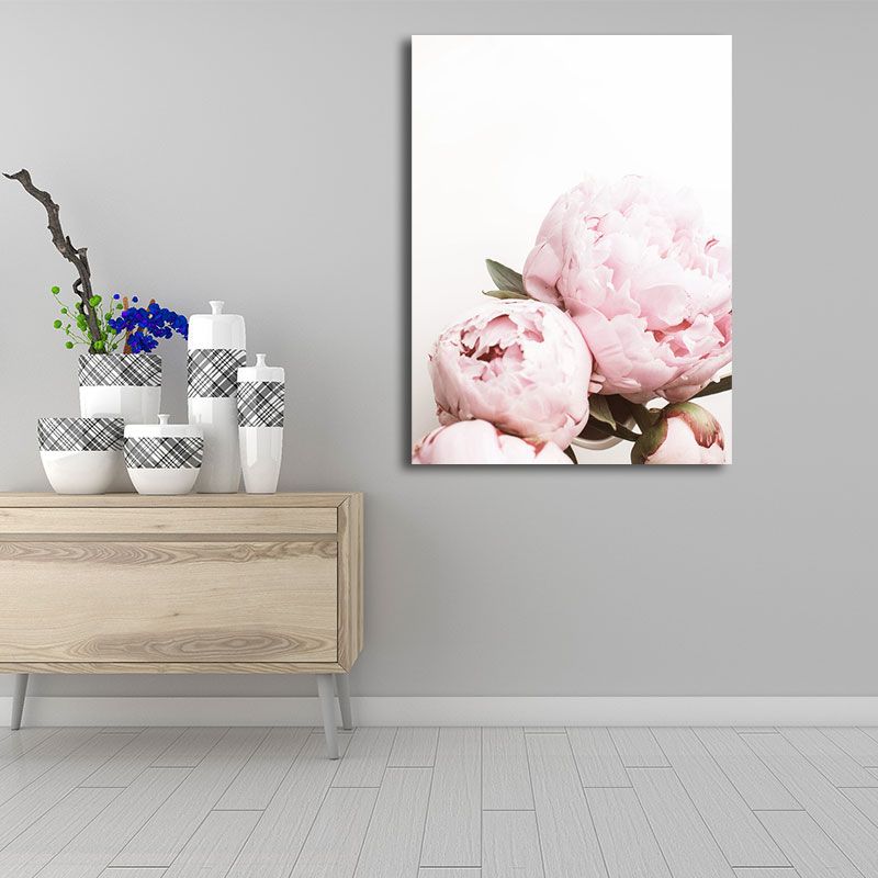 Pink Blossoming Peony Wall Art Flower Nordic Textured Canvas Print for Girls Bedroom