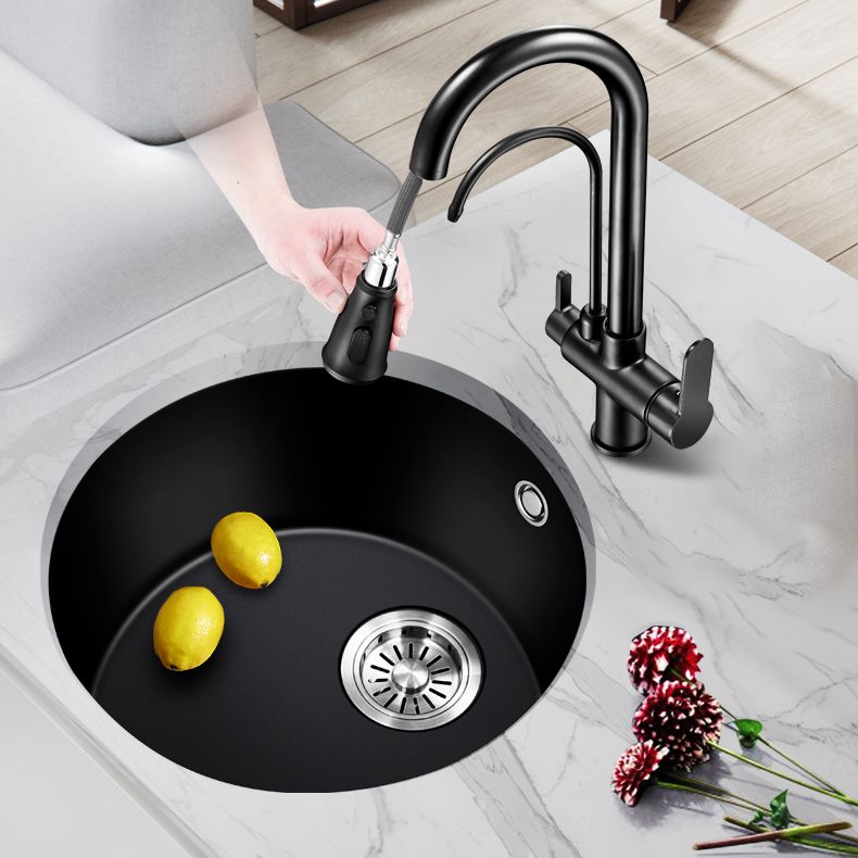 Black Quartz Kitchen Sink Round Single Bowl Sink with Basket Strainer